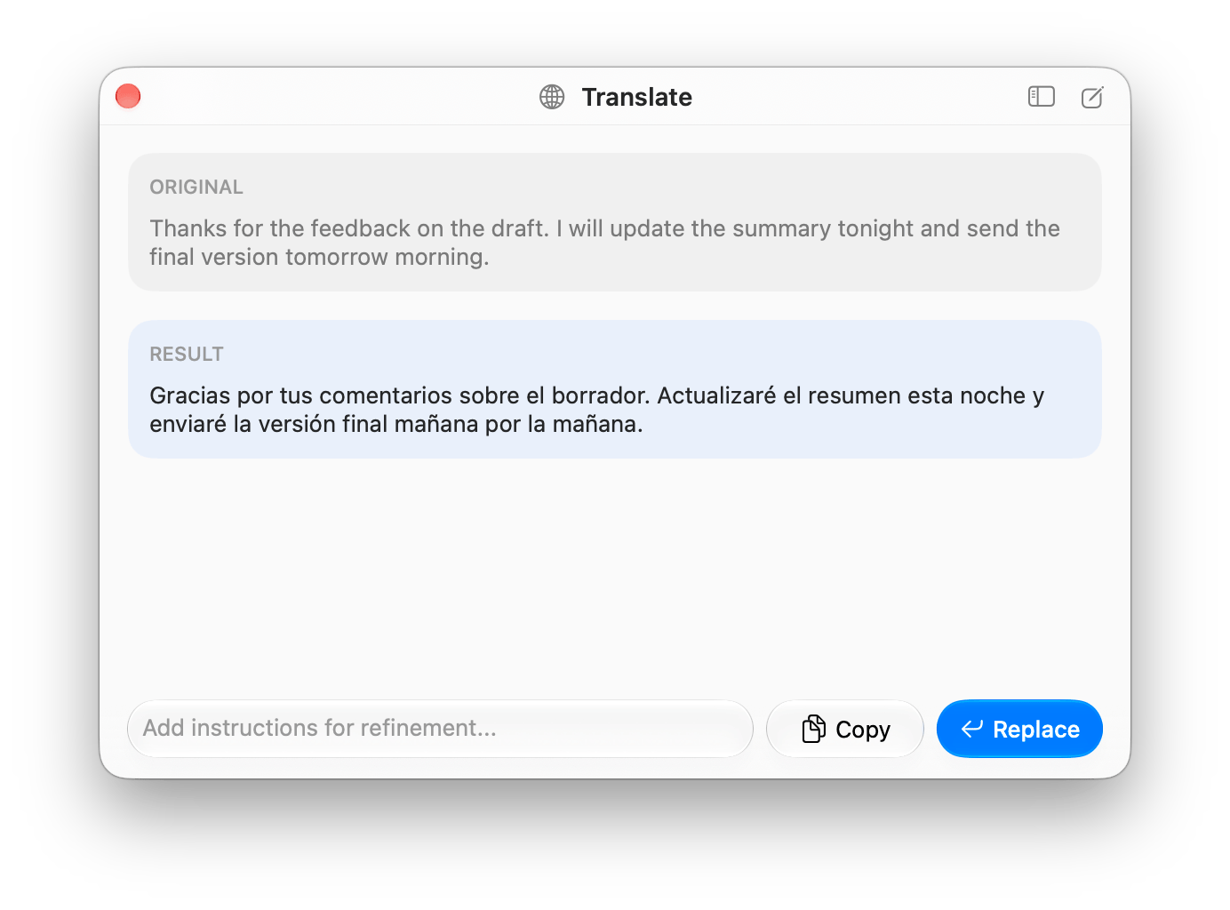The Translate window with original text, a Spanish translation, a refinement field, and Copy and Replace buttons