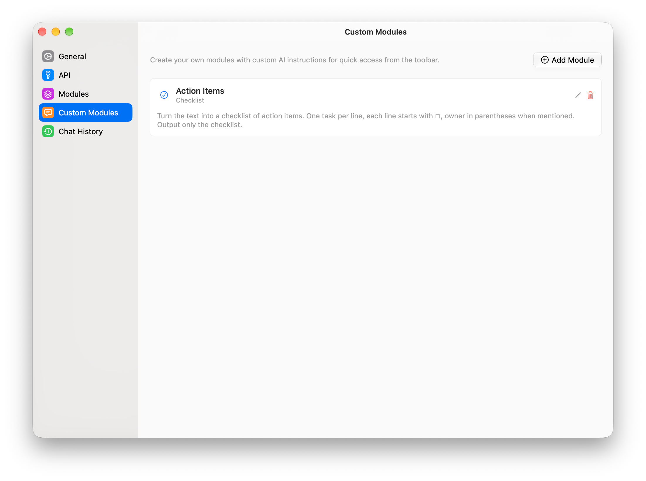 Custom Modules settings showing Action Items and its prompt for turning text into a task checklist